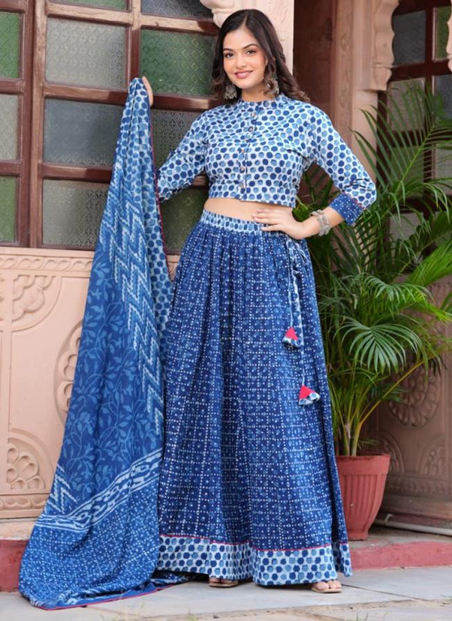 Cotton Blue Festival Wear Printed Ready To Wear Lehenga Choli